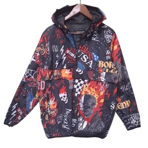 REASON Graphic Hooded Windbreaker 1/2 Zip Anorak Jacket Men S Flame Skull‎ Light